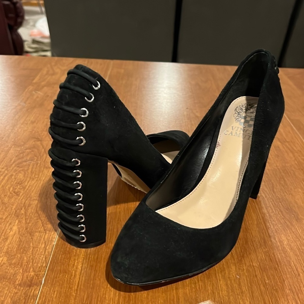 Vince Camuto VC-Dallas Black True Suede Block Pumps Size 6 1/2.